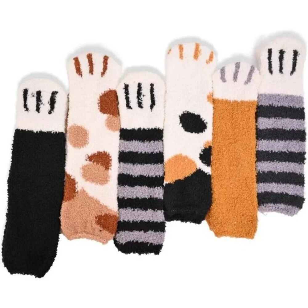 Women’s Fuzzy Cat Paw Socks – Cozy, Fluffy, & Warm Slipper Socks (5/6 Pairs)